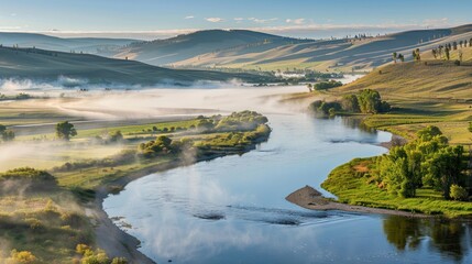 Serene River Landscape with Rolling Hills Misty Morning Blue Sky Nature Scene
