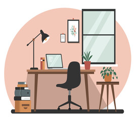 Modern minimalist home office workspace illustration featuring a desk with laptop, chair, books, lamp, and indoor plant. Perfect for concepts of remote work, productivity, creative workplace.