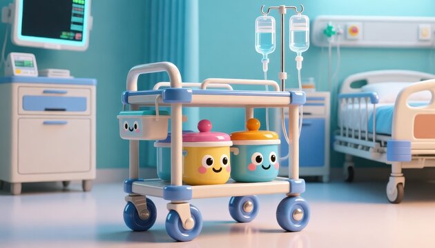 Whimsical medical cart with cute cartoon iv bags in a bright hospital room