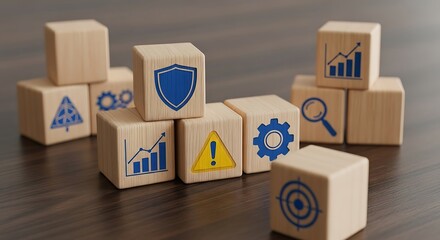 Wooden blocks displaying business concepts like security growth and problem solving