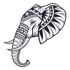 Intricate tribal patterned elephant head in black and white line art style with decorative elements and tusks