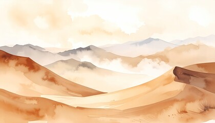 Watercolor landscape of a desert mountain range.  Soft, warm colors of tan, brown, and beige.  Misty mountain peaks.  Soft clouds.  Desert terrain in the foreground