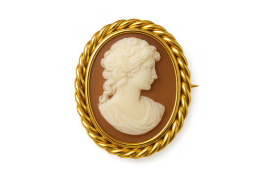 Classic cameo brooch featuring a woman's profile, isolated on transparent background