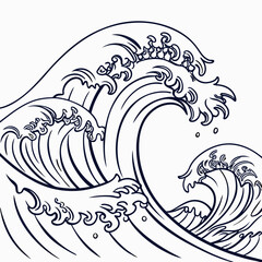 Traditional japanese great wave illustration with dynamic swirling lines and foaming crests on a white background