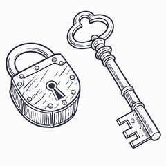 Vintage hand drawn sketch of an old padlock and skeleton key isolated on a white background representing security and access