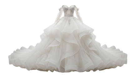 Elegant wedding dress with long train for bridal fashion concept isolated PNG with Transparent Background