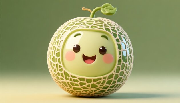 Cute cartoon character melon with happy smiling face and blush on cheeks