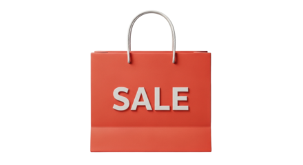 Isolated red shopping bag featuring sale text for retail promotion and commerce needs