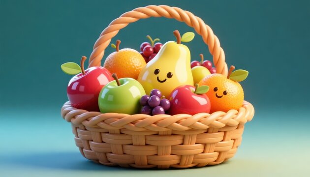 Adorable cartoon fruit basket filled with happy smiling apples pears oranges and grapes