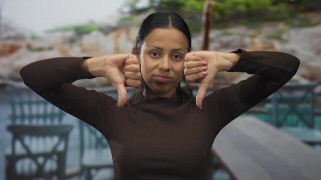 Woman showing thumbs down gesture on outdoor restaurant terrace expressing disapproval with outdoor seating and blurred street in background under daytime lighting conditions.