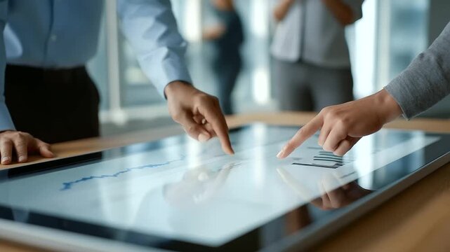 diverse colleagues reviewing bar chart with rising profits on interactive table collaboration success faint tapping and low murmur of brainstorming three quarter wide angle cinema