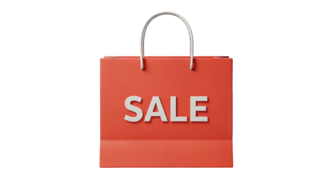 Isolated red shopping bag featuring sale text for retail promotion and commerce needs