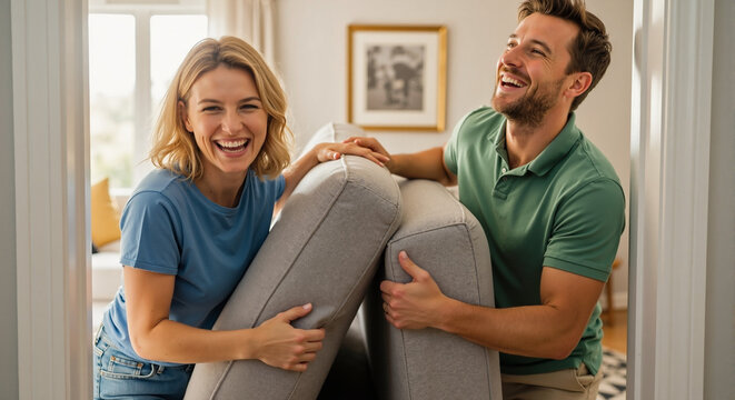 Smiling Couple Moving a Couch Together in a Bright Living Room for Home Improvement Blogs, Moving Tips, Interior Design Websites, and Family Lifestyle Content