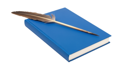 Isolated blue book with a brown quill pen lying on it used for writing a novel or note