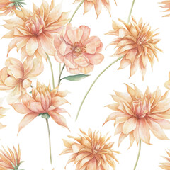 Watercolor seamless pattern with dahlia. Hand drawn illustration. Vintage floral print on white background