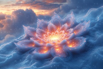 A flower in the snow with sunset background.