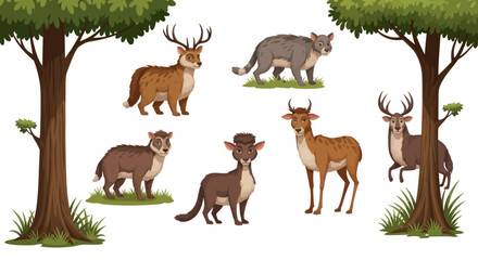 Collection of Various Cartoon Deer and Cat Illustrations.