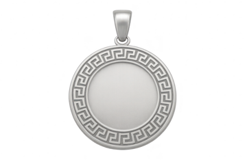 Elegant silver pendant with Greek key pattern, isolated on transparent background