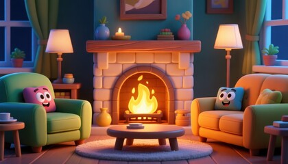Cozy cartoon living room scene with a roaring fireplace and two plush armchairs with character cushions