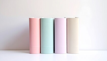 Four pastel-colored books lined up against a white background