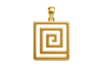 Shiny gold square spiral pendant isolated on transparent background, luxurious.