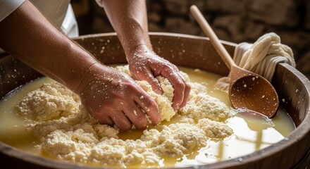 A man is making cheese in a wooden bowl. Hands kneading cheese curds, content for chef blogs, cooking classes, or process-driven culinary visuals