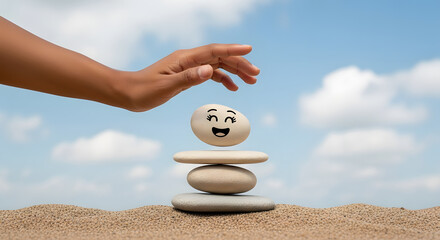 Enjoying Life Concept. Harmony and Positive Mind. Hand Setting Natural Pebble Stone with Smiling Face Cartoon to Balance on Beach Sand. Balancing Body, Mind, Soul and Spirit. Mental Health Practice