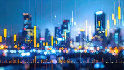 Abstract cityscape overlaid with financial data, showing city lights and stock charts