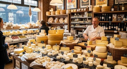 A man is cutting cheese in a store. Cheese market and artisan cheeses, optimal for culinary travel guides, marketing of local products, or gourmet lifestyle media