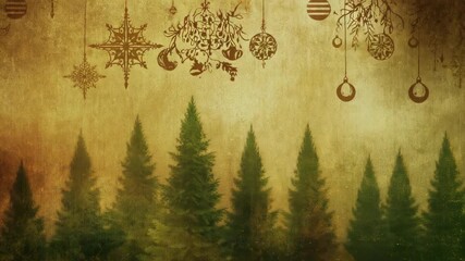 Starting panning Christmas motif revealing vintage ornaments pine silhouettes across golden canvas - Powered by Adobe