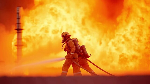 Two firefighters in full gear move forward with hoses against massive wall of orange flames as they approach burning fire scene demonstrating bravery and action under dangerous conditions.
