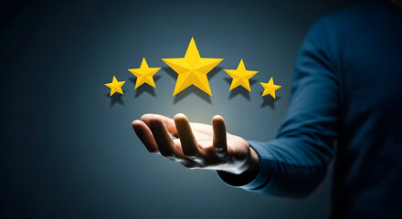 Customer Experience Concept, Best Excellent Services for Satisfaction present by Opened Hand of Client giving a Five Star Rating