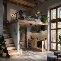 
Loft-style interior with mezzanine modular bed above compact kitchen, natural wood textures, cozy modern vibe
