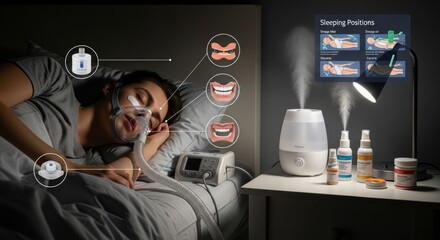 A woman is sleeping with a machine next to her