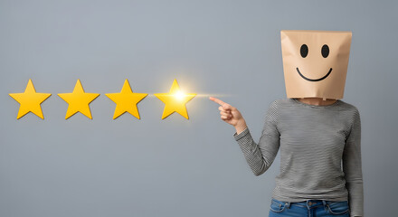Customer Experience Concept. Woman Covered her head by Paper Bag with Happy Feeling Face and Pointing Hand to Five Star Services Rating Satisfaction. Client's Feedback and Online Review