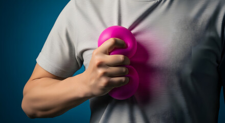 Painful, Heart Attack Concept. Young Adult Woman Squeezed a Red Balloon against her Chest. Heart Disease or feeling very Heartbreak and Sorrow
