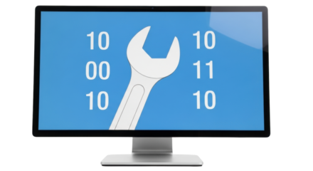 Isolated monitor screen featuring a spanner surrounded by binary code, on a silver stand