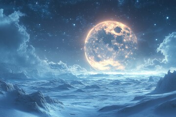 Full moon shining over snowy landscape.