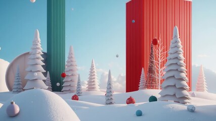 Floating colorful spheres drifting downward over snowy conical trees, unveiling columns with dome - Powered by Adobe