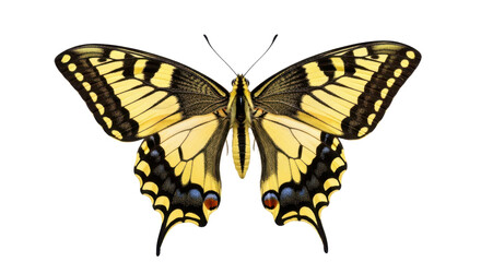 Naklejka premium Yellow and black butterfly with open wings, viewed from above isolated PNG with Transparent Background