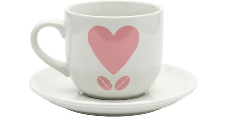 Isolated teacup on saucer with heart, a beverage container for coffee or tea, nobody