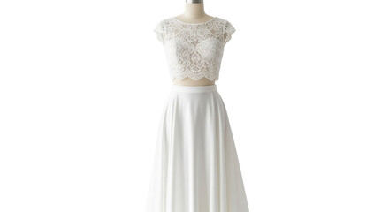 Elegant white lace crop top and flowing skirt for bridal fashion isolated PNG with Transparent Background