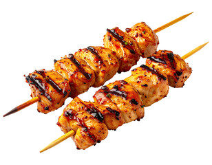 Two skewers of grilled chicken, glistening with a flavorful glaze, displayed against a black backdrop