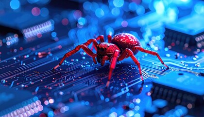 Red spider on a glowing circuit board