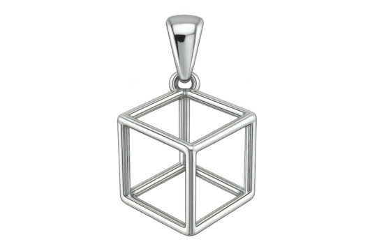 Shiny geometric cube pendant, silver-colored, isolated on transparent background