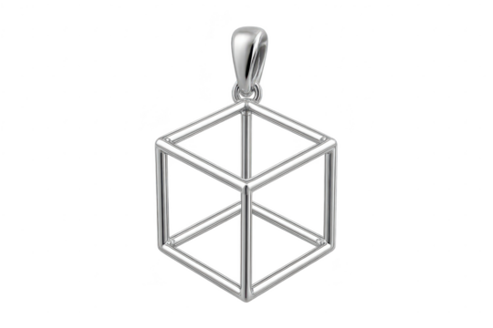 Elegant silver geometric cube frame pendant isolated on transparent background.