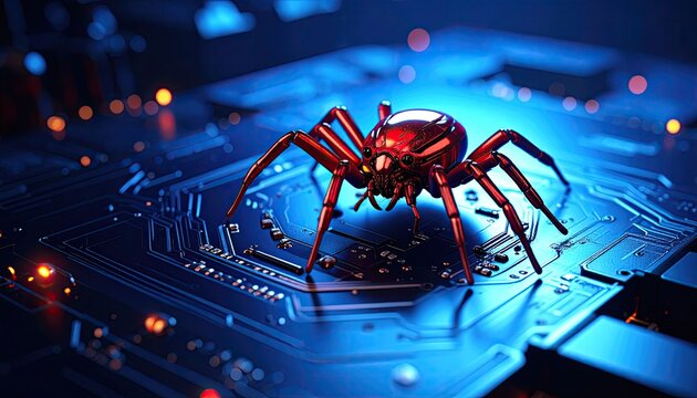Red spider robot on glowing circuit board