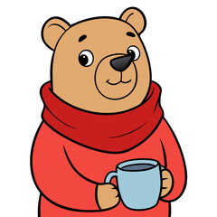 Cartoon Bear in Red Scarf Holding a Cup, Cozy and Cute Animal Illustration