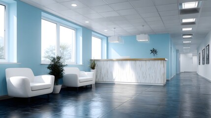 Fototapeta premium Modern reception area with waiting chairs desk and bright natural light