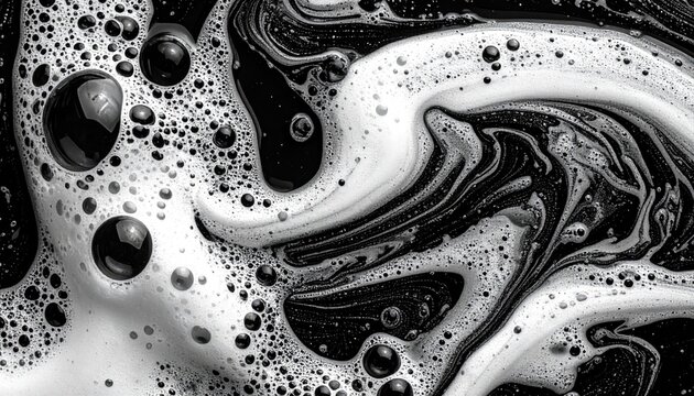 Abstract swirls of black and white soap suds